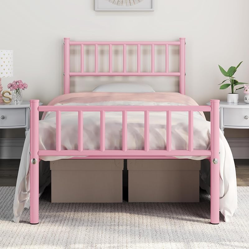 Yaheetech 3ft Single Metal Bed Frame with Headboard Footboard Pink