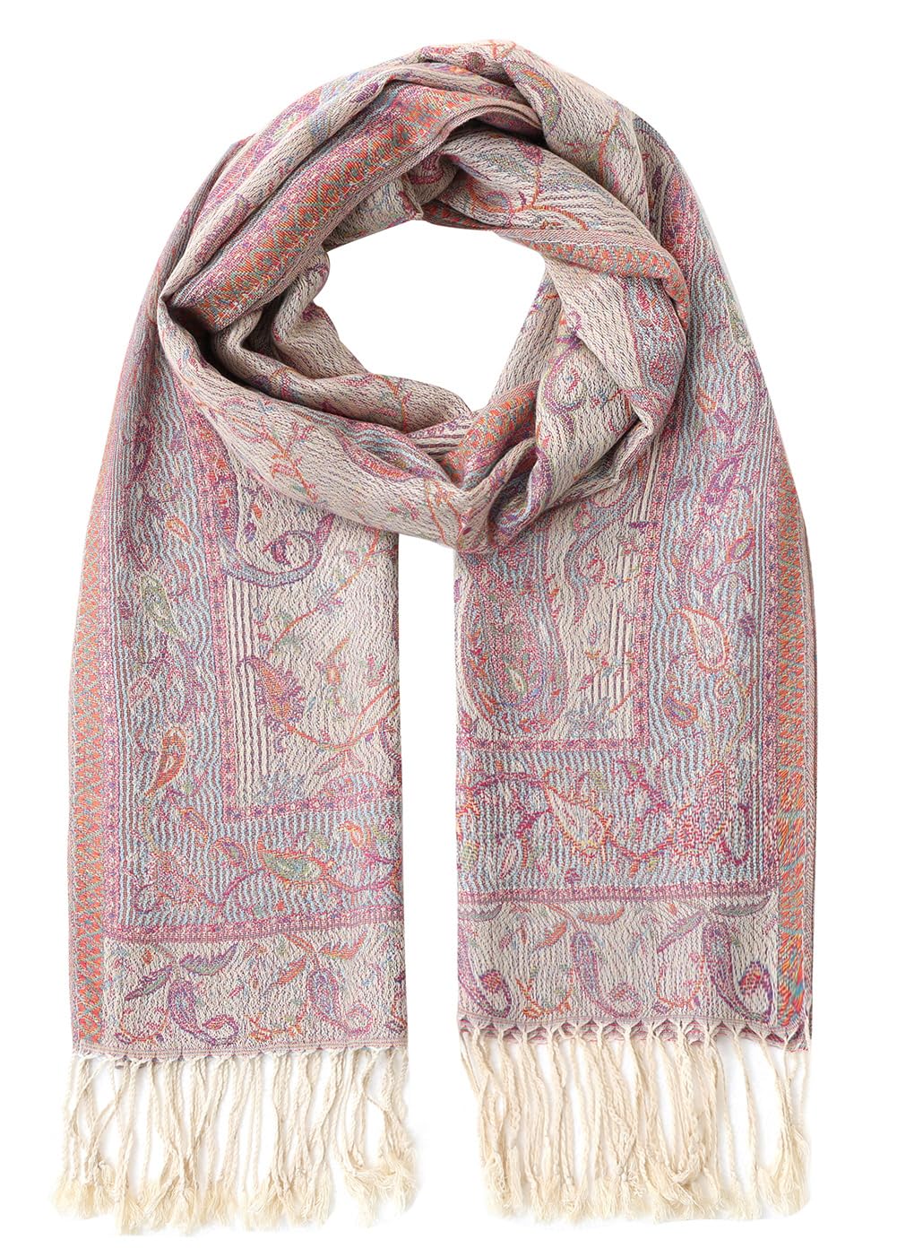 Photo 1 of Umjetnost Womens Soft Silky Pashmina Rave Scarf Paisley Pattern Pashmina Shawl Wrap with Fringes (Beige Paisley)