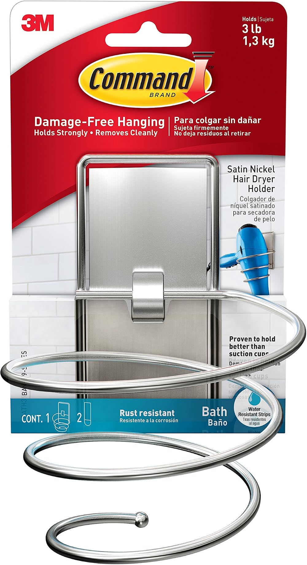 Command Bath Hair Dryer Holder Satin Nickel with Water Resistant Strips