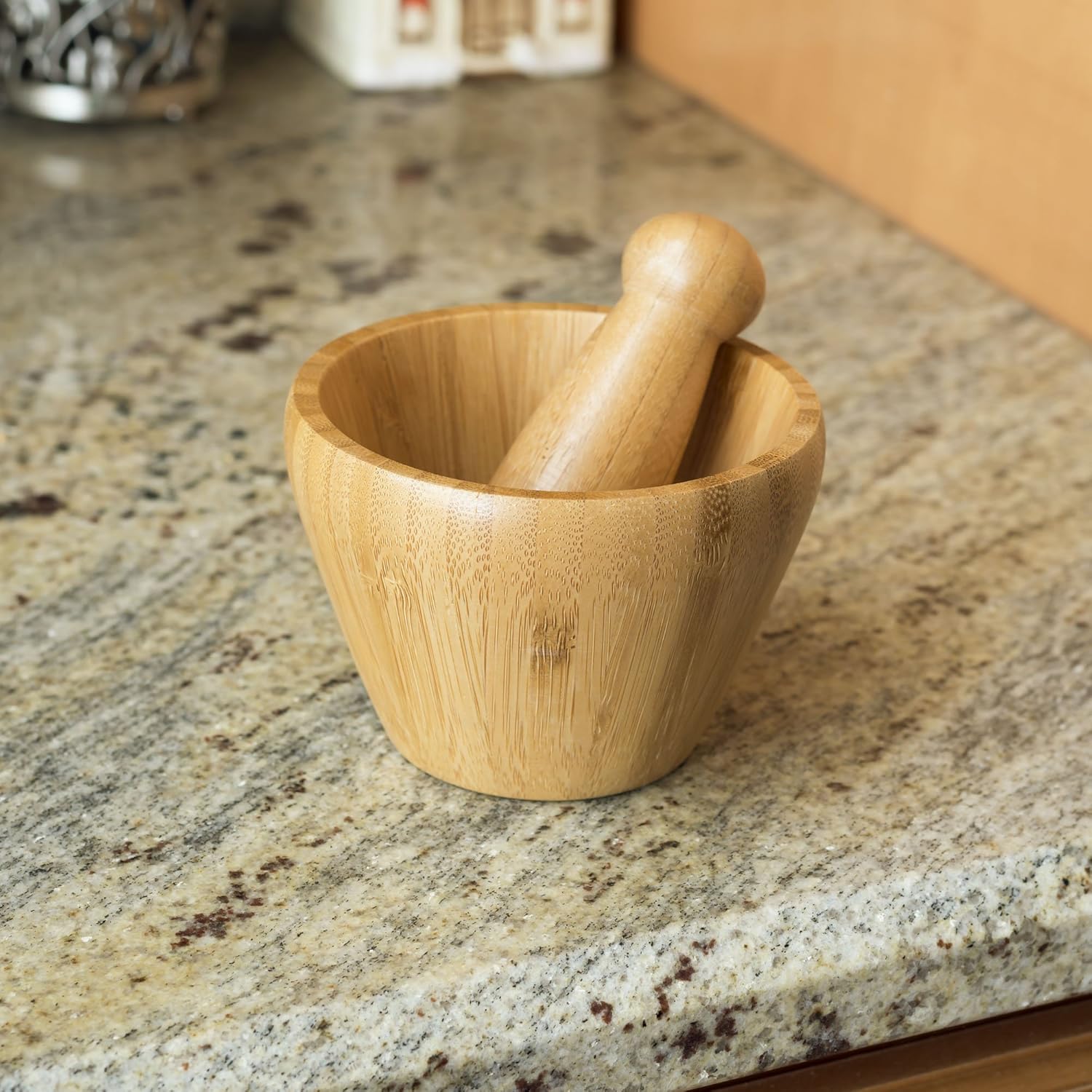 Home Basics Mortar and Pestle Bamboo: Mortar And Pestle Wood: Kitchen & Dining