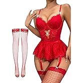 Alrovetoney Women Lingerie Set Naughty Lace Bodysuit High Waisted Underwire Lingerie Babydoll With Garter Belt and Stockings