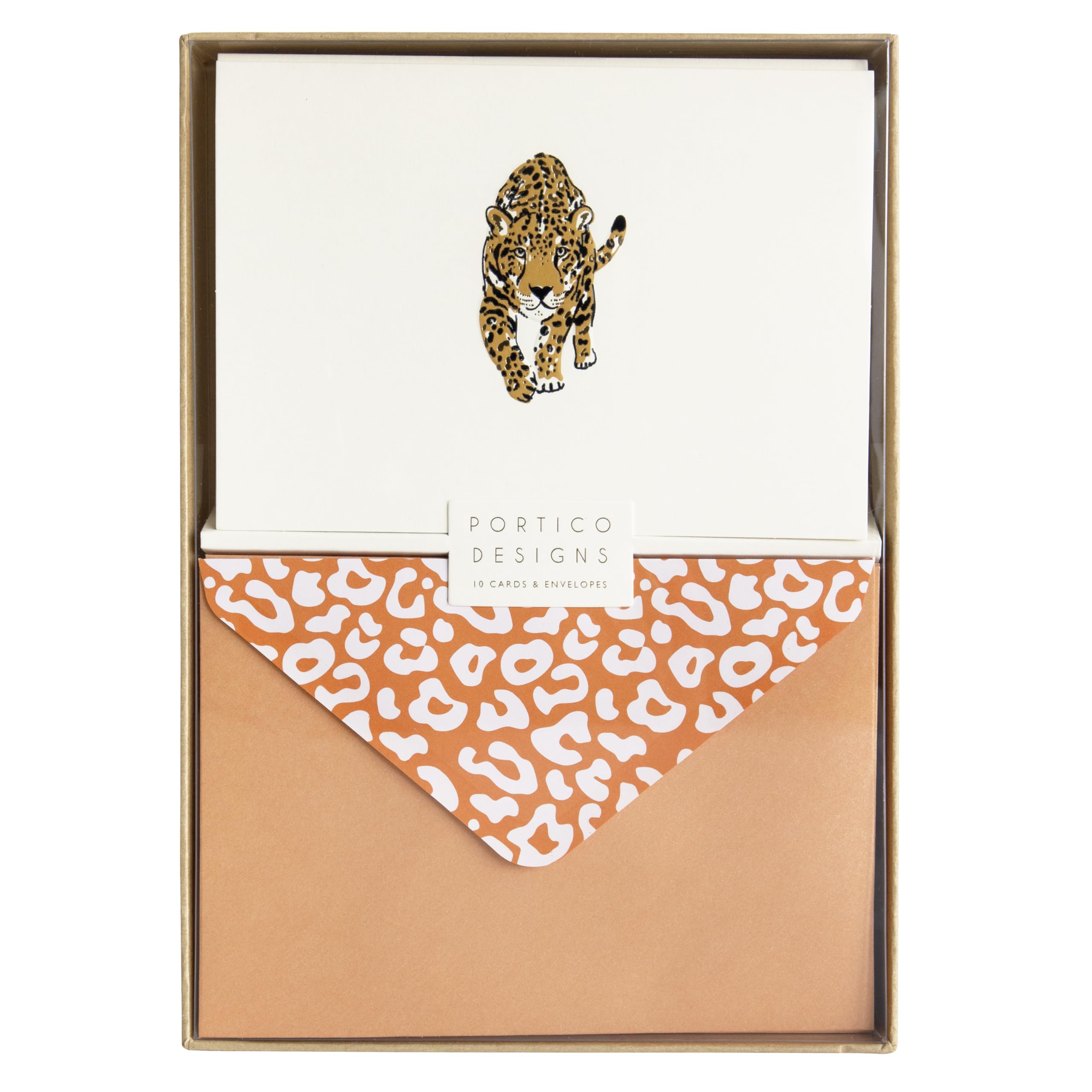 Portico Designs Leopard Boxed Notecards - Set of 10 Blank Greeting Cards with Gold Foil Detail and Embossing