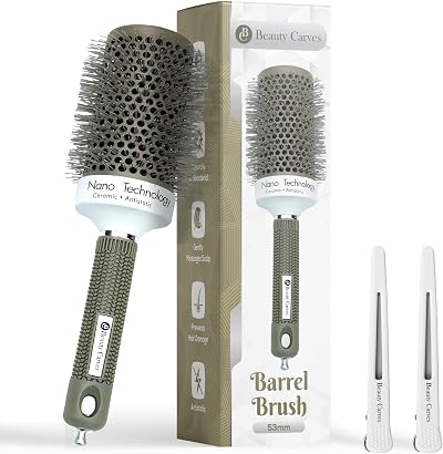 Beauty Carves Round Hair Brush 53mm Thermal Ceramic Nano Ionic Volume +2 Clips