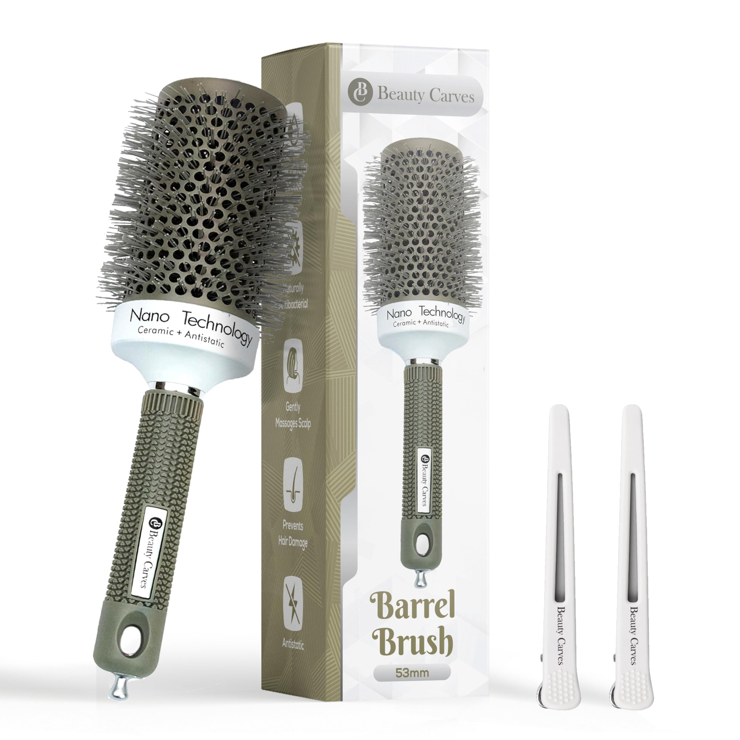 Beauty Carves Round Hair Brush 53 mm Barrel with 2 Clips – Thermal Ceramic Blow Dry Brush for Salon Styling & Volume – Nano Ionic Heat-Resistant Barrel with Flexible Nylon Bristles