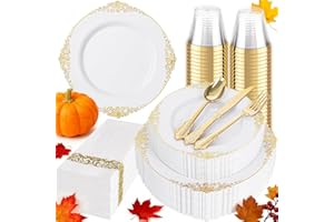 Hioasis 175pcs White and Gold Plastic Plates - Elegant Disposable Dinnerware Set Suitable for 25 Guests Include 10.25" Dinner & 7.5" Dessert Plates, Cutlery, Napkins, Cups for Party & Thanksgiving