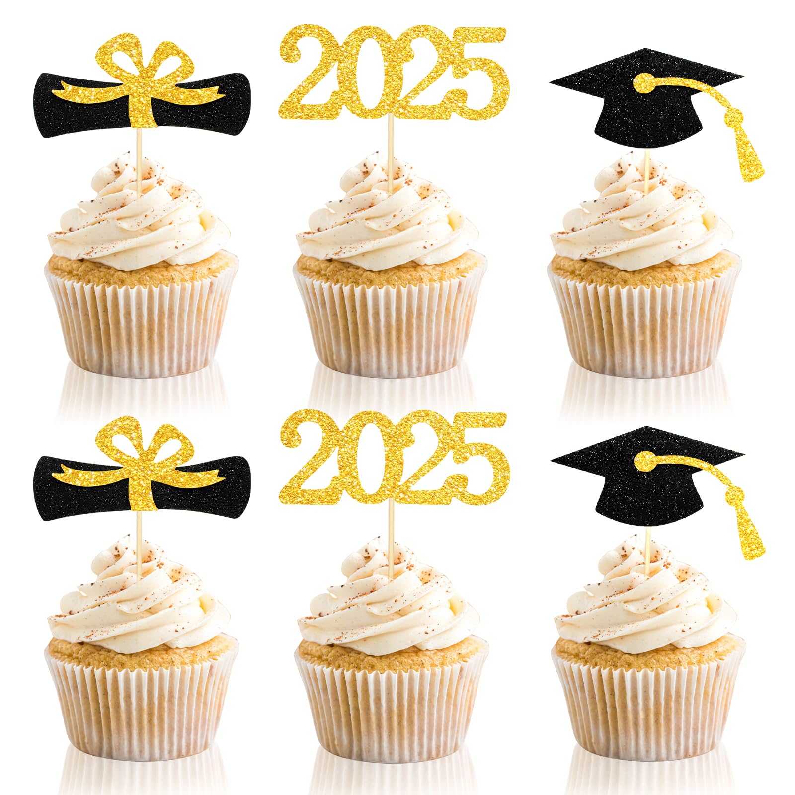 Photo 1 of MEMOVAN 2025 Graduation Cupcake Toppers 48pcsGlitter Class of 2025 Cupcake Topper 2025 Congrats Grad Cap Diploma Cupcake Picks Grad Cap Food Appetizer Picks For 2025 Graduation Theme Party Supplies