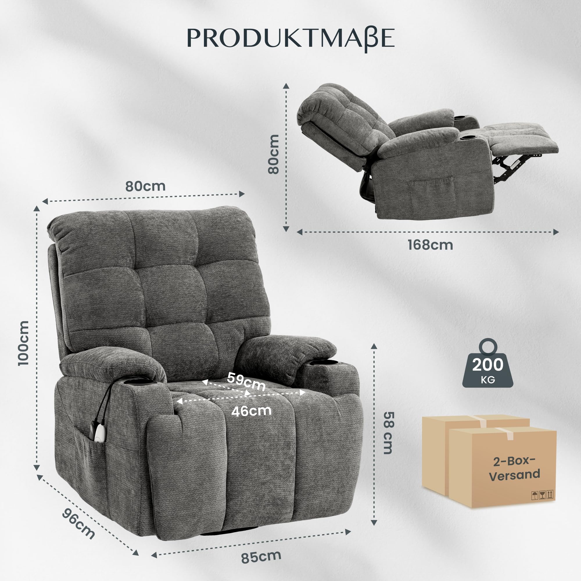 FLEXISPOT Elektrischer Relaxsessel, Massagesessel, Fernsehsessel, 360°drehbar, mit Heizfunktion, 8-Punkt-Massage, USB- und Type-C-Anschluss,105°-165° verstellbar, belastbar bis 200 kg, XR7(Grau) 9