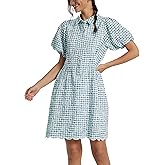 D-Sun Women's Short Sleeve Shirt Dress Button Down Pleated Mini Dress Embroidered Gingham Casual Short Dresses