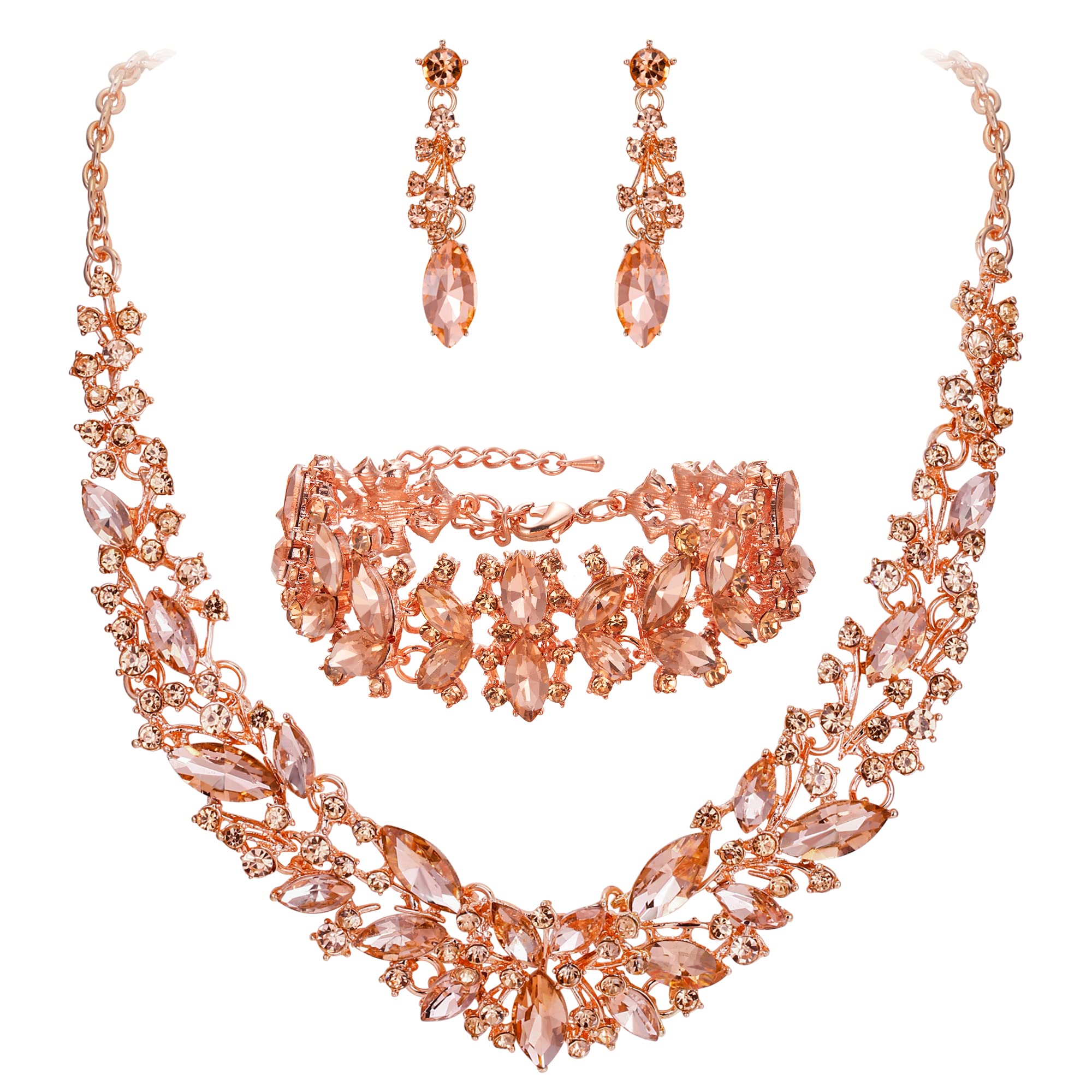 Clearine Wedding Bridal Crystal Marquise Cluster Collar Necklace Earrings Bracelet Prom Jewellery Set for Women Champagne Rose-Gold-Tone