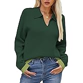 Uyvora Collared Sweaters for Women V Neck Long Sleeve Pullover Sweater Lightweight Loose Ribbed Knit Polo Shirts Jumper Top