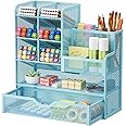 Marbrasse Mesh Pen Holder for Desk, Multi-Functional Pencil Organizer with Drawer, Desk Organizers and Accessories for Office Art Supplies (Blue)