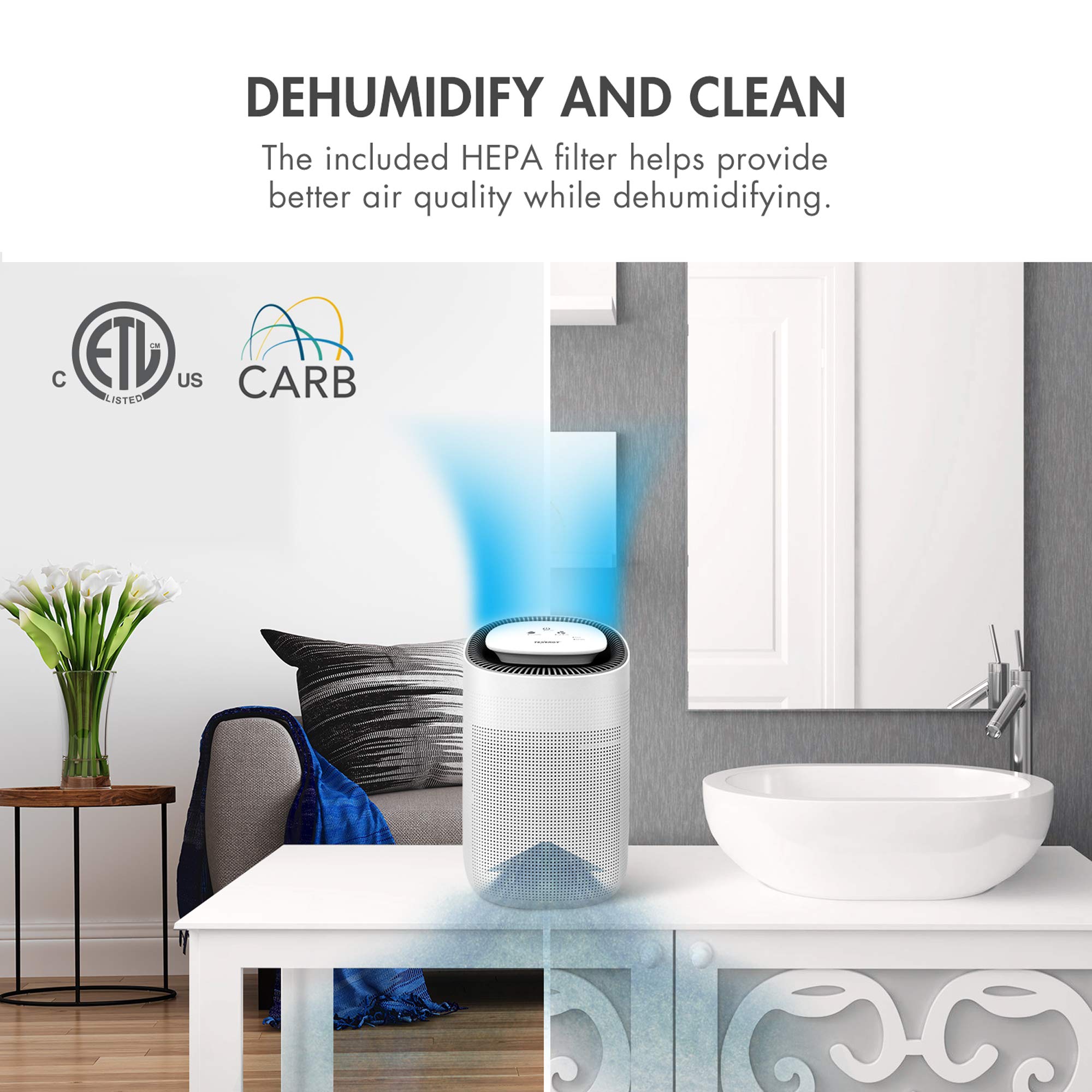 Tenergy Sorbi 1000ml Air Dehumidifier w/Purifying Function, True HEPA Filter, Auto Shutoff, Touch Control Adjustable Air Speed, Ultra-Quiet, Ideal for Closets & Bathrooms
