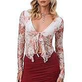 AGECODE Women's Sexy Open Front Tie Long Sleeve Ruffle Trim Sheer Mesh Lace Crop Tops Blouses