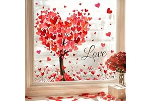 Whaline 6 Sheets Valentine' s Day Window Clings Window Decal Large Romantic Love Heart Tree Reusable Anti-Collision Windows Decor for Wedding Anniversary Home Party Supplies