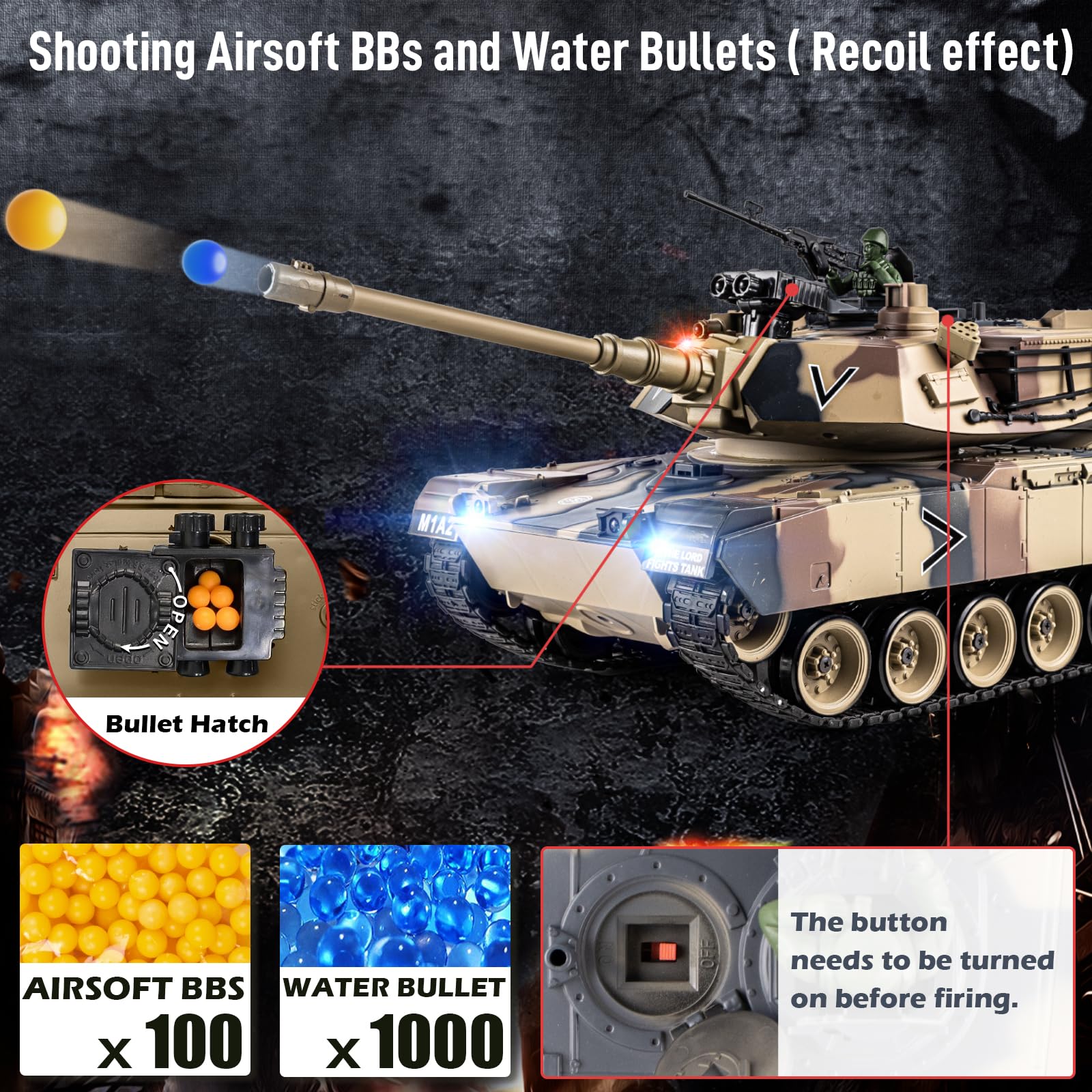 Supdex 1:18 RC Tank, 2.4Ghz US M1A2 Remote Control Tank Model Toys, 15 Channel Battle Army Toy with Smoke Effects, Light and Sound, RC Military Truck for Adults and Kids That Shoots BBS, Water Bombs
