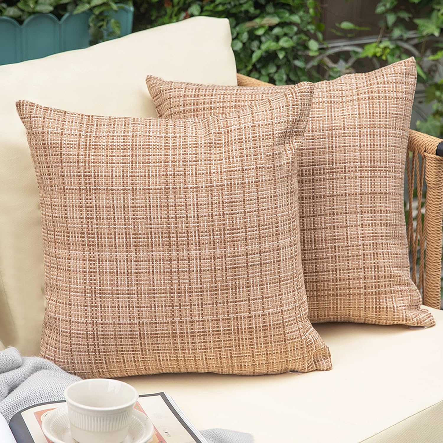 NEERYO Outdoor Throw Pillows Covers Waterproof Stripe 18x18 inch Decorative Couch Farmhouse Pillows for Patio Furniture Garden Livingroom Bed Decor Cushion Sham Throw Pillowcase Set of 2 Brown Brown