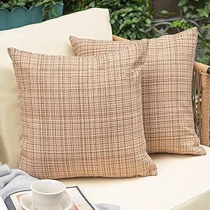 NEERYO Outdoor Throw Pillows Covers Waterproof Stripe 18x18 inch Decorative Couch Farmhouse Pillows for Patio Furniture Garden Livingroom Bed Decor Cushion Sham Throw Pillowcase Set of 2 Brown Brown