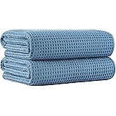 MICROFI New Microfiber Waffle Bath Towels, 2 Pieces, Oversized, Soft, Absorbent, Fast Drying, Lint Free 430 GSM (Blue)
