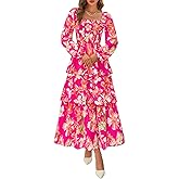 BTFBM Spring Dresses for Women 2026 Floral Long Sleeve Smocked Square Neck Ruffle Tiered Flowy Party Wedding Guest Dress