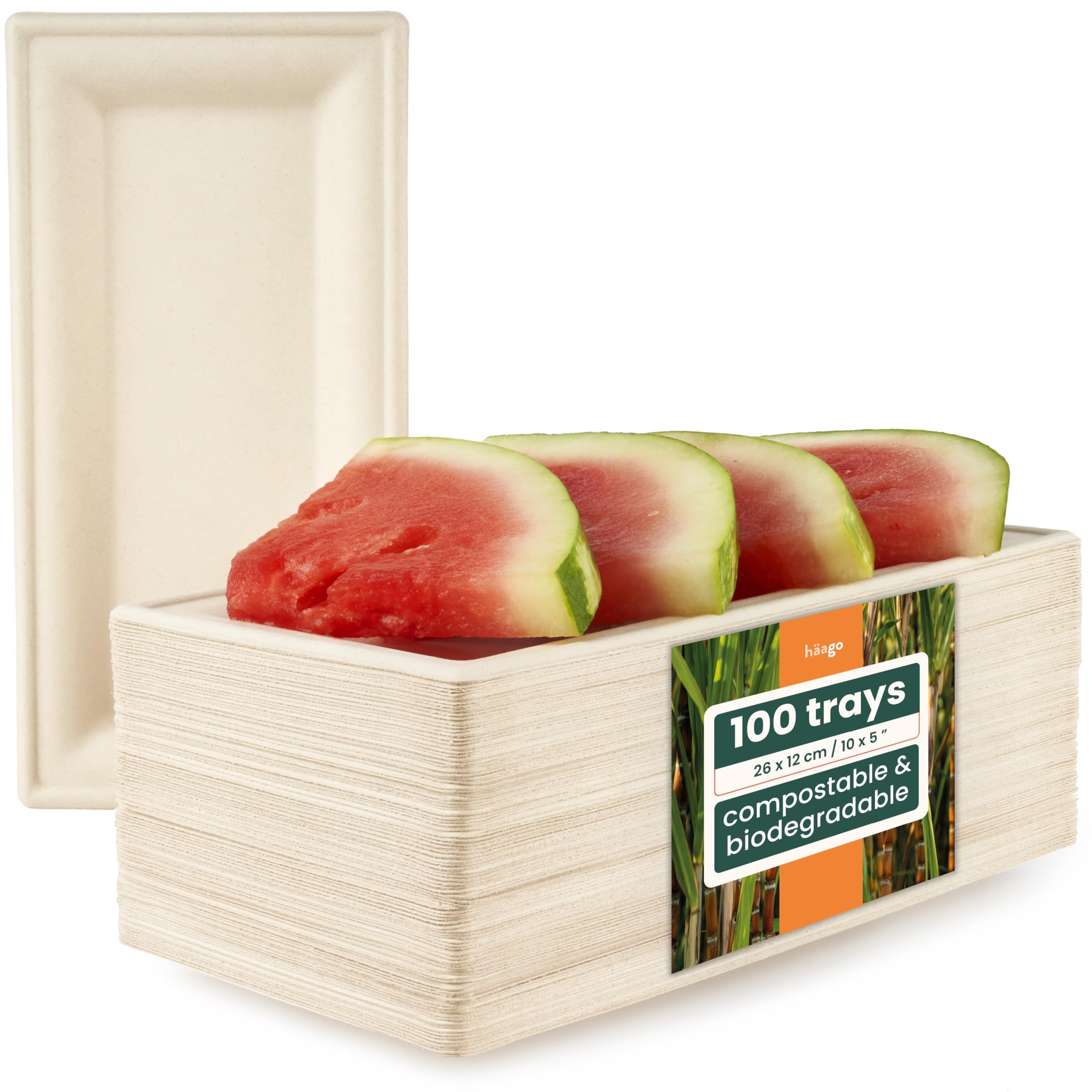 HAAGO 100 Strong Compostable Sugarcane Food Trays (26 x 12 cm) – Bagasse Rectangular Party Plates - Grease & Leak-Resistant Serving Plates, Disposable Platter for Canapés, BBQ, Buffet & Catering