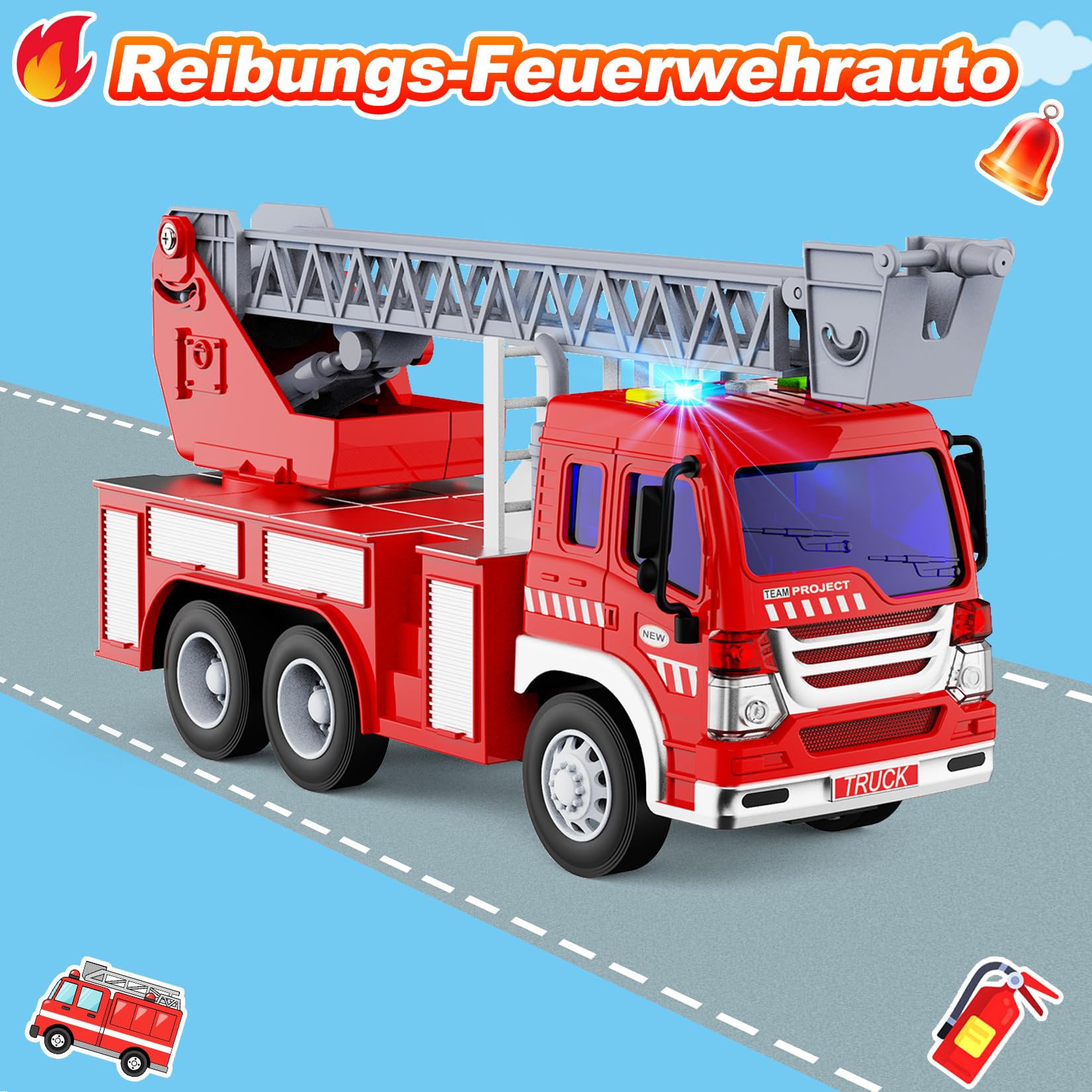GizmoVine Feuerwehrauto Groß, Feuerwehr Auto Spielzeug mit Drehleiter, Sound und Licht, Große Spielzeugauto, Fire Truck Fahrzeuge, Geschenke für Jungen, Kinder Löschfahrzeug ab 3 4 5 6 7 8 Jahre 3