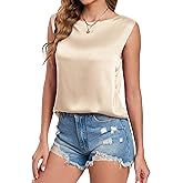 Wantschun Women's Summer Fall Silk Satin Shirt Sleeveless Blouse Boat Neck Basic Casual Tank Top Shell Top