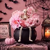Novabright Pink Halloween Decor, Skeleton Witch Bucket Pumpkin Floral | Indoor Decor for Table, Mantel, Fireplace, Party Display and Home Centerpiece Halloween Events