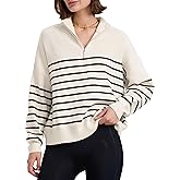 PrettyGuide Women's Long Sleeve Quarter Zip Oversized Pullover Striped Sweater Casual Mock Neck Loose Ribbed Knit Tops