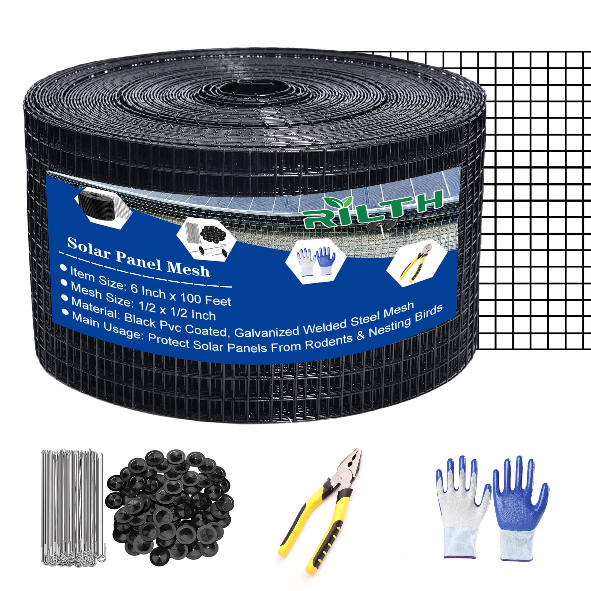 Photo 1 of 6in X 100ft Critter Guard for Solar Panels, 1/2inch PVC Coated Solar Panel Guard, Critter Guard Roll Kit for Solar Panel Wire Mesh, Black Pigeon Barrier with 120pcs Fasteners, Cutting Scissor, Gloves