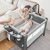 5-in-1 Pack and Play, Baby Bassinet Bedside Sleeper with U-Shaped Diaper Changer, Portable Toddler Playard for Newborn Toddlers, Baby Crib with 4 Adjustable Height, Carry Bag,Easy to Install (Grey)