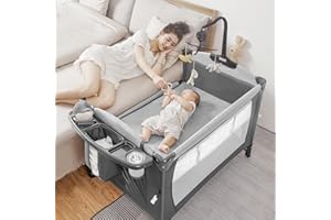 AFGBF 5-in-1 Pack and Play, Baby Bassinet Bedside Sleeper with U-Shaped Diaper Changer, Portable Toddler Playard for Newborn to Toddlers, Baby Crib with 4 Adjustable Height,Carry Bag,Easy to Install (Grey)