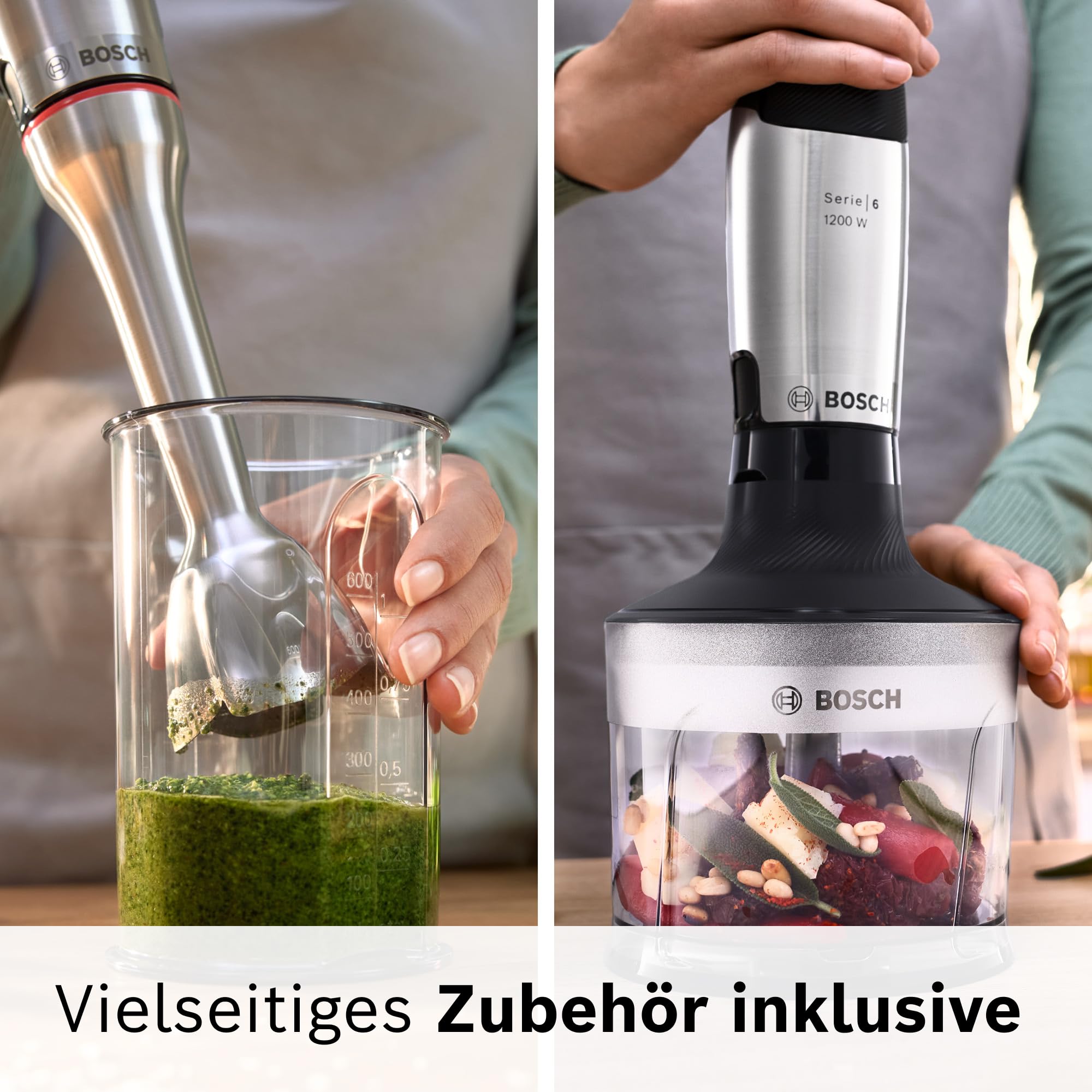 Bosch Stabmixer ErgoMaster Serie 6, Zerkleinerer, einhändig bedienbar, 4 Edelstahl-Klingen verschleißfreie Keramik-Kupplung, Luftkühlung, langlebig, Mixbecher, leistungsstark, 1200 W, MSM6M830 8