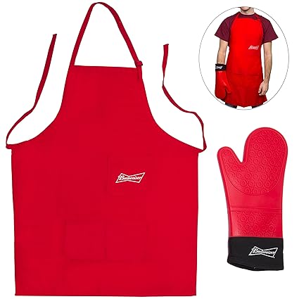 Budweiser Grilling Apron & Oven Mitt- Tailgating BBQ Extra Long Apron & Heat Resistant BBQ Mitt, Waterproof