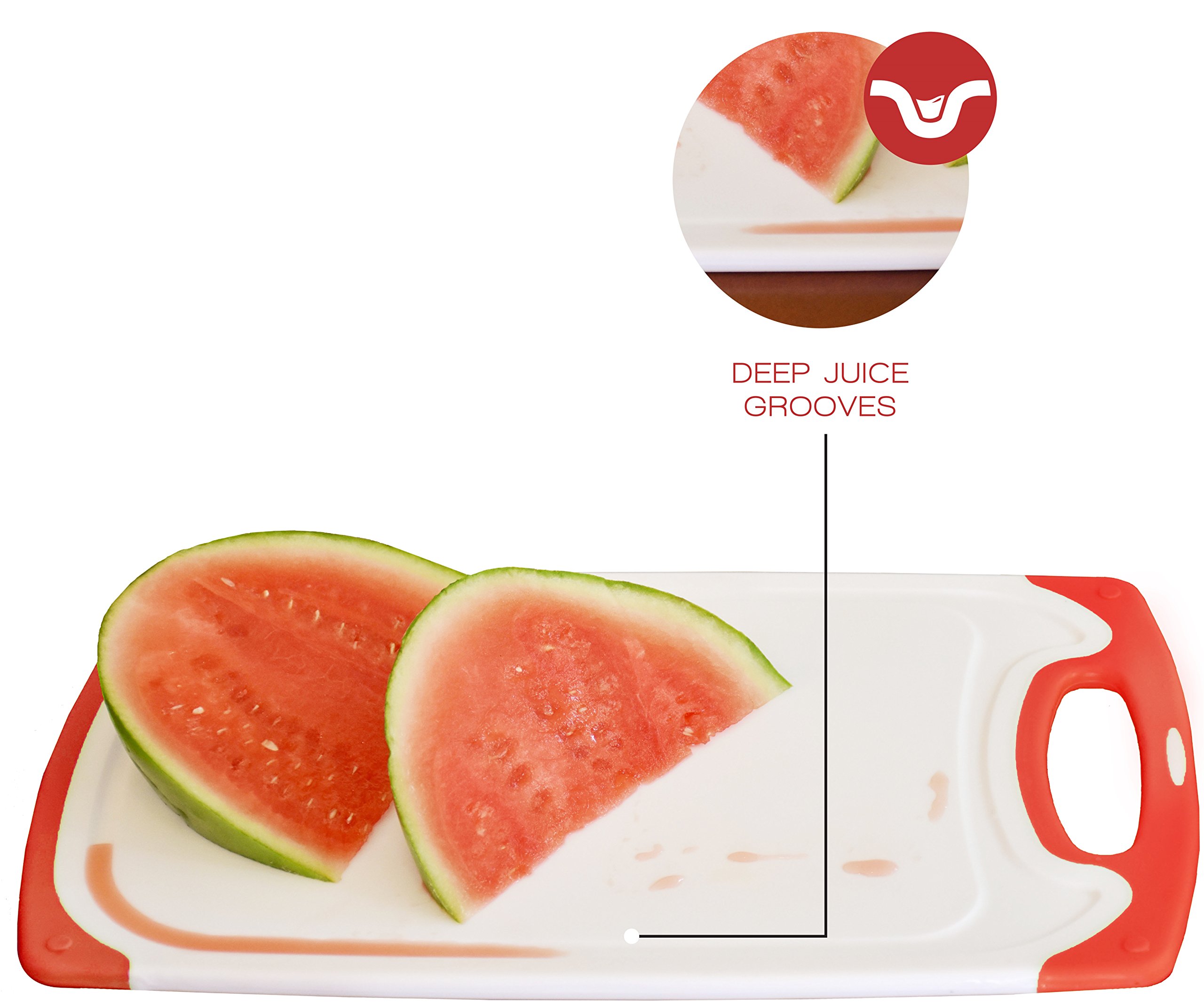 Raj Non-Slip Antibacterial Plastic Cutting Board, Deep Juice Groove, Dishwasher Safe, BPA Free, FDA Approved White and green (2 Pieces, White board with Red Ends)