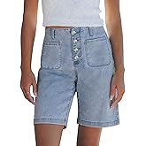Vetinee Bermuda Shorts for Women High Waisted Button Fly Patch Pocket Long Stretch Denim Shorts Relaxed Fit Summer Jorts