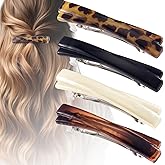HINZIC 4PCS French Barrette Hair Clips for Women, 2.56 In Small Tortoise Shell Hair Clips Barrettes, Non-Slip Flat Hair Accessories for Thin, Curly Hair - Black, White, Leopard Color, Amber