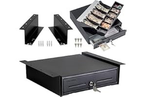 Volcora Cash Register Drawer with Under Counter Mounting Metal Bracket, 13" Black Cash Drawer for POS, 4 Bill 5 Coin Cash Tray, Fully Removable 2Tier Compartment 24V RJ11/RJ12 Key-Lock, 2 Media Slots