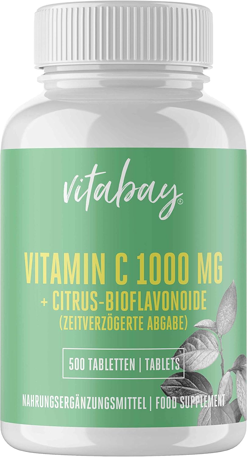 Vitabay Vitamin C 1000mg, 500 Vegan Slow Release Vitamin C Tablets, Buffered VIT with Citrus Bioflavonoids (50mg)