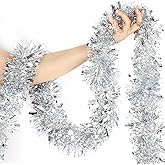 SURCVIO 50FT Silver Christmas Tinsel Garland Metallic Tinsel Twist Garland for Christmas Tree Decorations, Xmas Tree Decor for Home Indoor Holiday Party