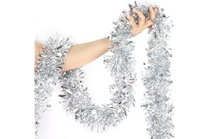 SURCVIO 50FT Silver Christmas Tinsel Garland Metallic Tinsel Twist Garland for Christmas Tree Decorations, Xmas Tree Decor for Home Indoor Holiday Party