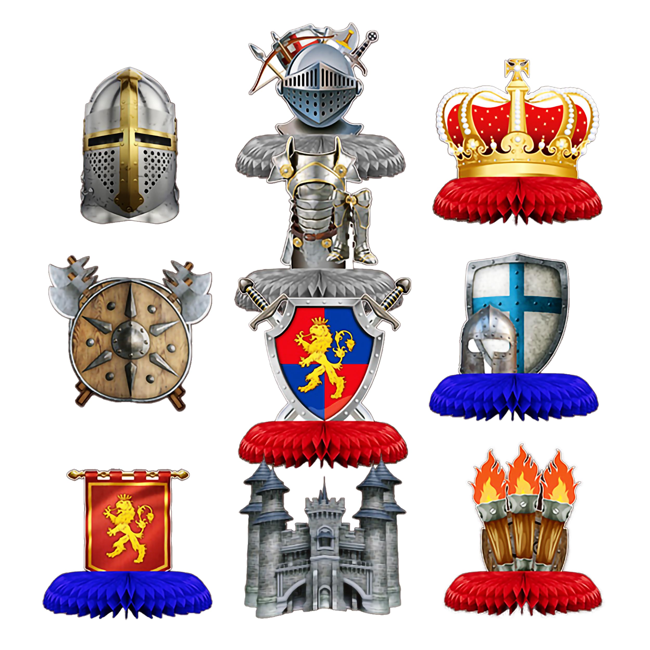 Photo 1 of 10-Piece Medieval Knight Party Table Decorations – Castle Honeycomb Centerpiece & 9 Knight Action Figure Toppers for Birthday, Halloween & Medieval-Themed Celebrations