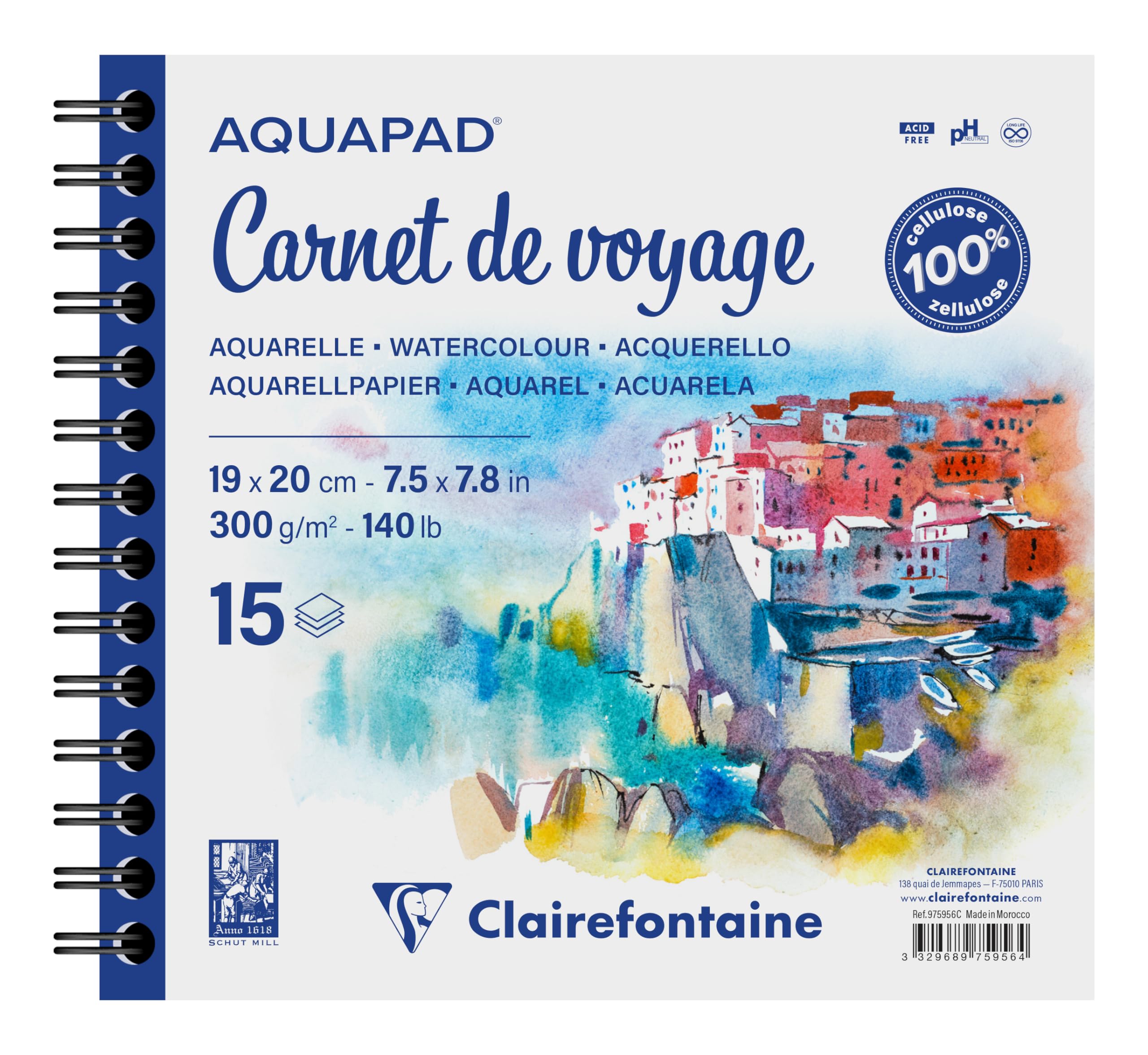 Clairefontaine 975956C - Aquapad Spiral-bound Travel Journal - 15 Sheets of Medium-Grain White Watercolour Paper 19x20 cm 300g - Ideal for Globetrotting Artists