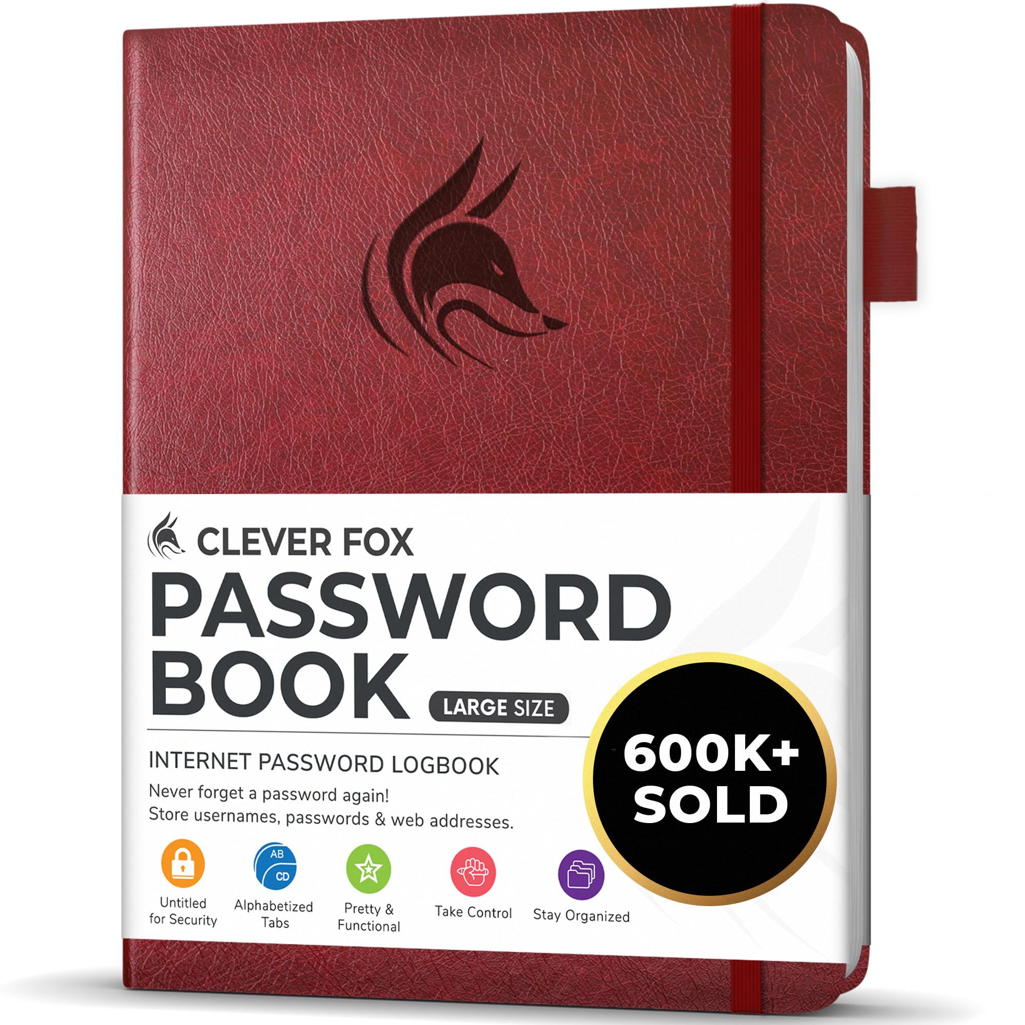 Clever Fox Password Book with alphabetical tabs. Internet Address Organizer Logbook. Large Password Keeper for Website Logins (Wine Red)