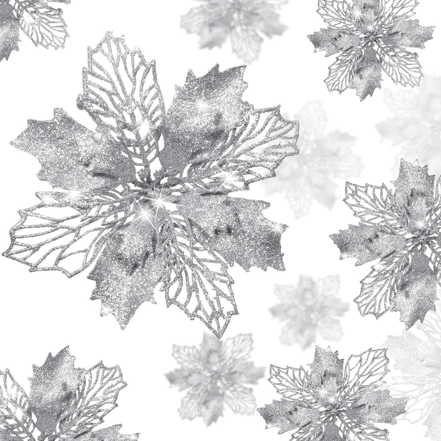 KAHEIGN 36Pcs Christmas Poinsettia Flowers, Silver Glitter Artificial Poinsettia Flowers Christmas Tree Ornaments for Wedding Christmas Wreath Home Party Decor (3 Size)
