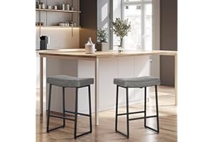 MAISON ARTS Grey Bar Stools Set of 2 Counter Height 24 Inches Saddle Stools for Kitchen Counter Backless Modern Barstools Upholstered Faux Leather Stools Farmhouse Island Chairs, Grey, 2pcs