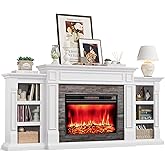 80" Electric Fireplace with Mantel, Fireplace TV Stand for TVs Up to 90 Inch, Modern Entertainment Center with Storage, Realistic Stacked Stone Surround with Remote Control for Living Room, Bedroom