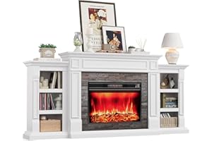 LGHM 80" Electric Fireplace with Mantel, Fireplace TV Stand for TVs Up to 90 Inch, Modern Entertainment Center with Storage, Realistic Stacked Stone Surround with Remote Control for Living Room, Bedroom