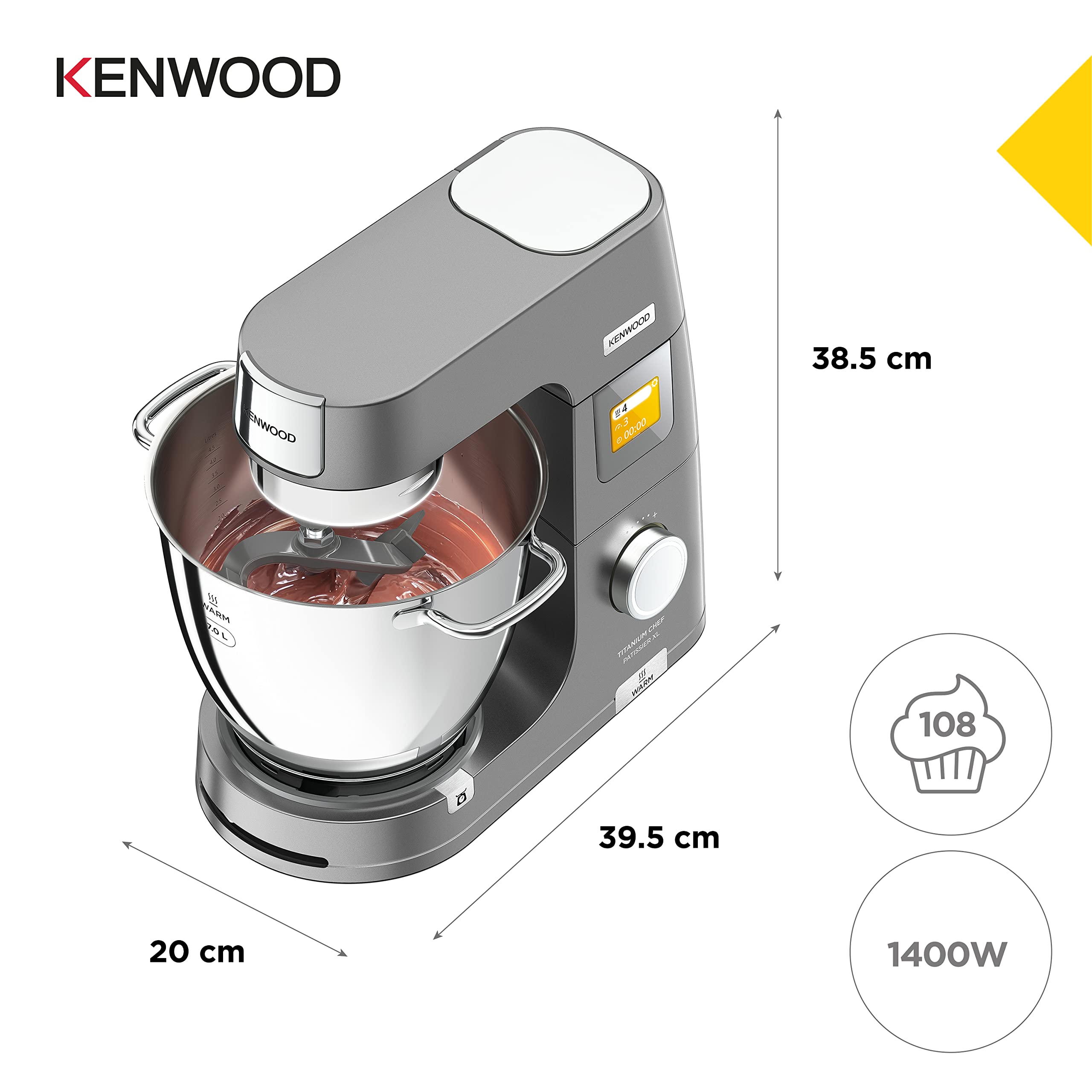 Kenwood Titanium Chef Patissier XL KWL90.034SI – Küchenmaschine mit integrierter Waage & 7 L Rührschüssel mit Wärmefunktion, 1400 Watt, inkl. 4-teiligem Patisserie-Set, silber 7
