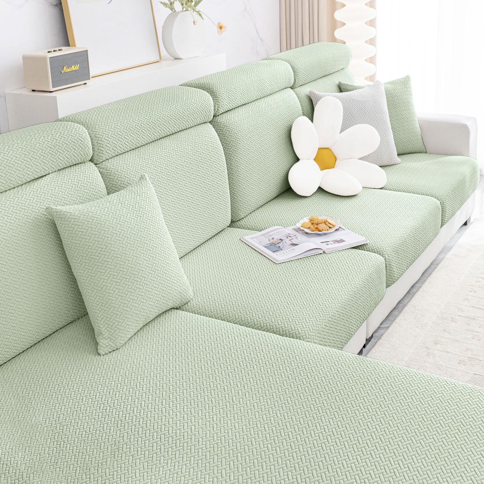 Photo 1 of Smiry Waterproof Couch Cushion Covers, Stretch Jacquard Thick Sofa Cushion Covers, Washable Seat Slipcover Elastic Furniture Protector for Pets, Kid (3PC, Green)