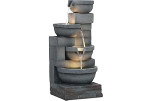 Outsunny 30" Tall Outdoor Water Fountain with LED Lights, 4-Tier Resin Cascading Bowls Garden Fountain Waterfall Fountain wit